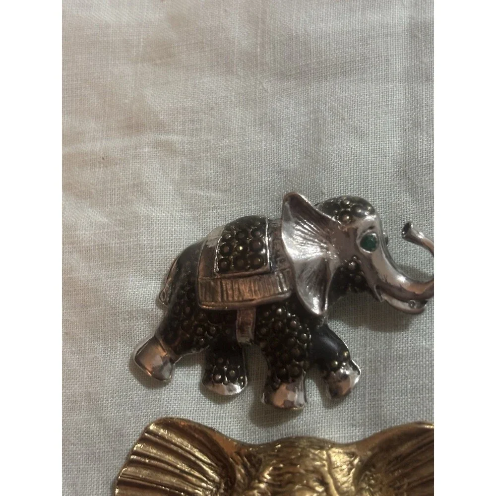 Vintage Elephant Brooch Lot 2 Gold Silver Green Rhinestone Statement Animal Pins